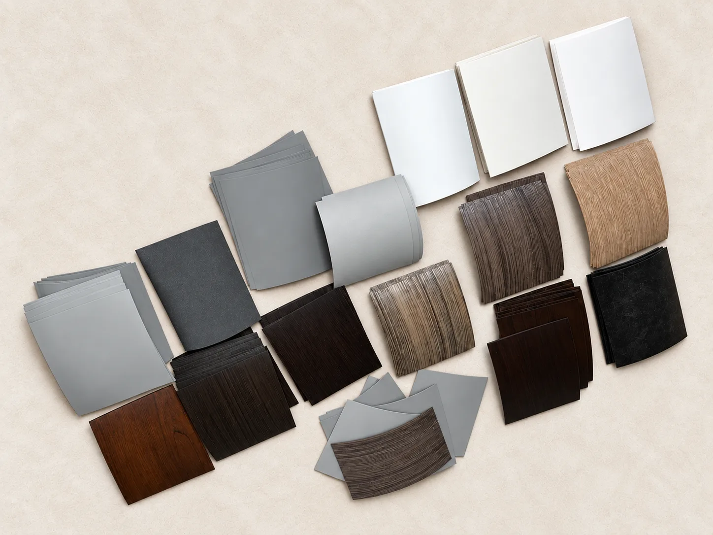 Cabinetry finish samples arranged to show textures and colours